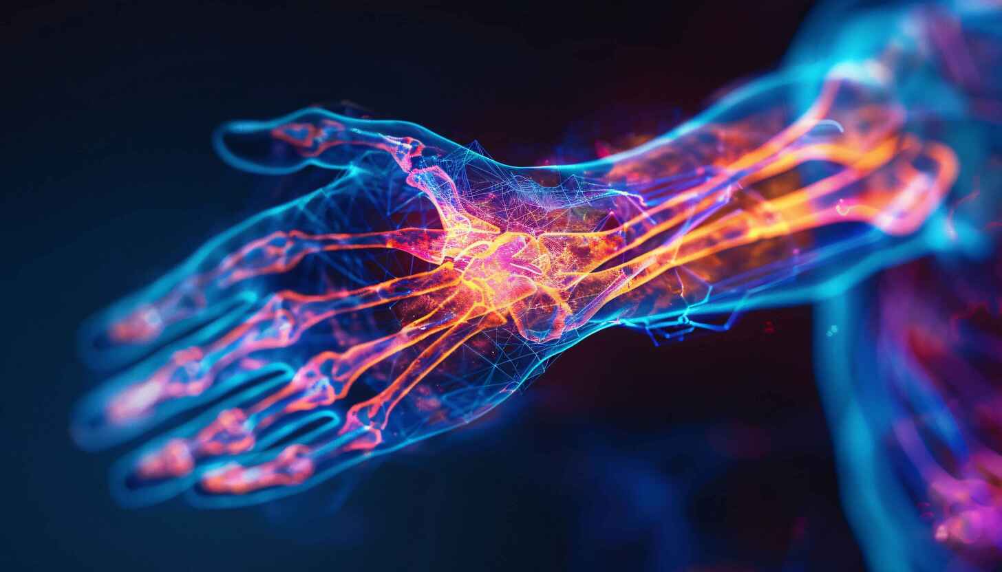 Ilustración en 3D de nervios dentro de la mano, representando polineuropatía.