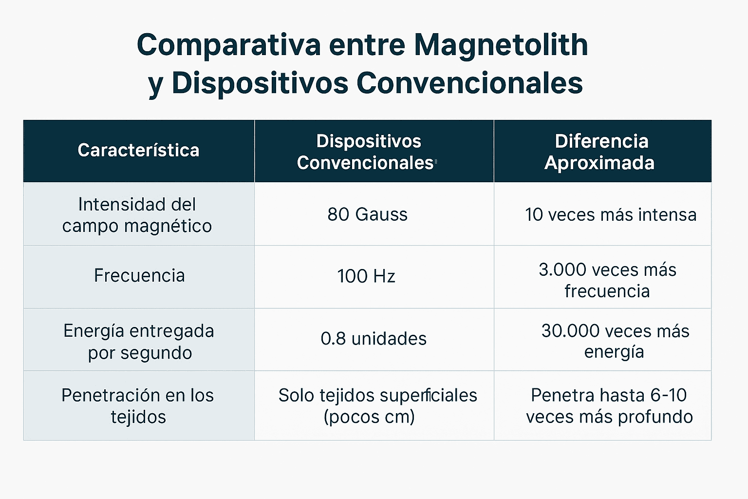 Comparativa entre Magnetolith y dispositivos de magnetoterapia convencionales en intensidad, frecuencia, energía entregada y profundidad de penetración.